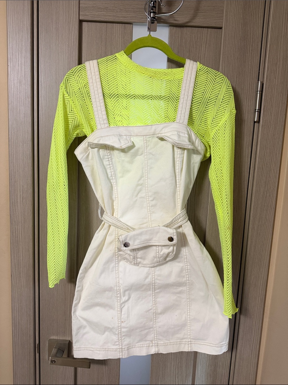 Bershka Cream Pinafore Dress with Neon Yellow Top Layer